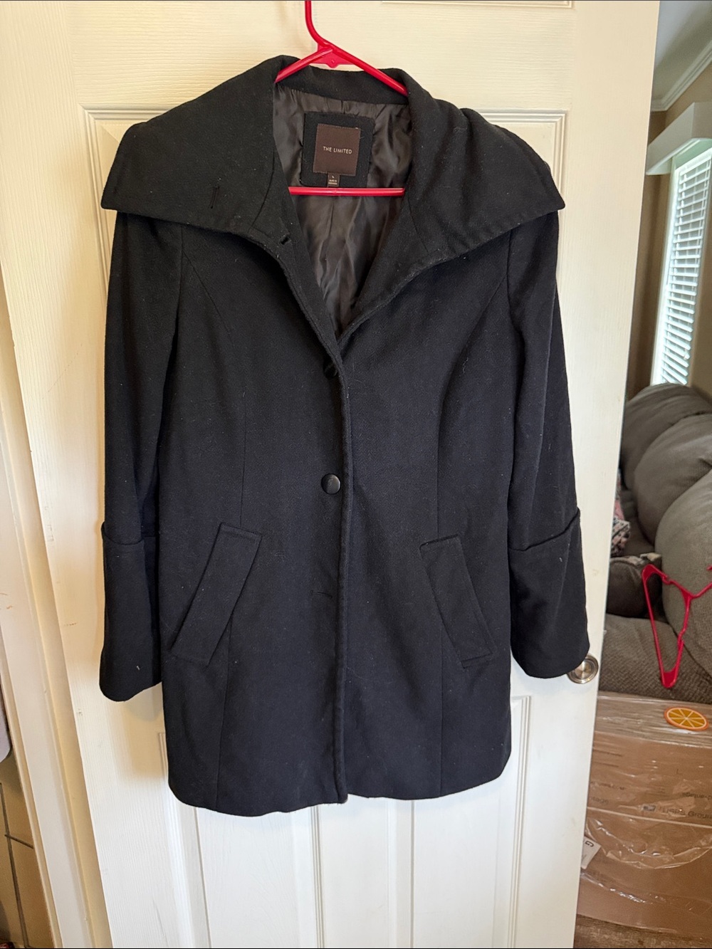 The Limited Black Wool-Blend Pea Coat with Wide Collar